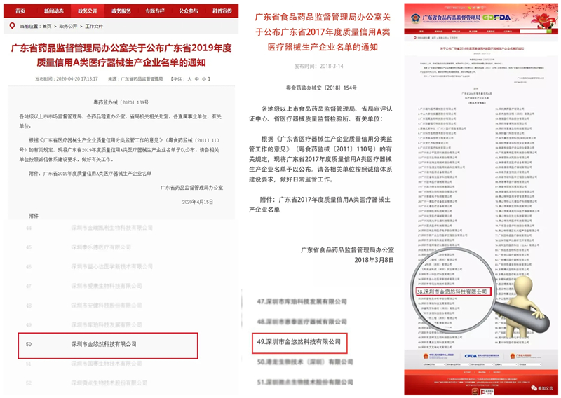 年度质量信用A类医疗器械生产企业名单公示,金悠然科技连续4年入榜